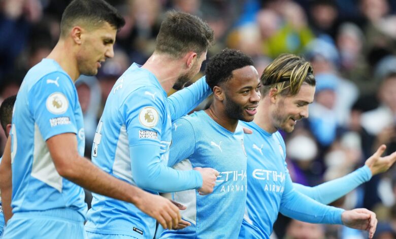 Sterling celebrates his century goal in the EPL